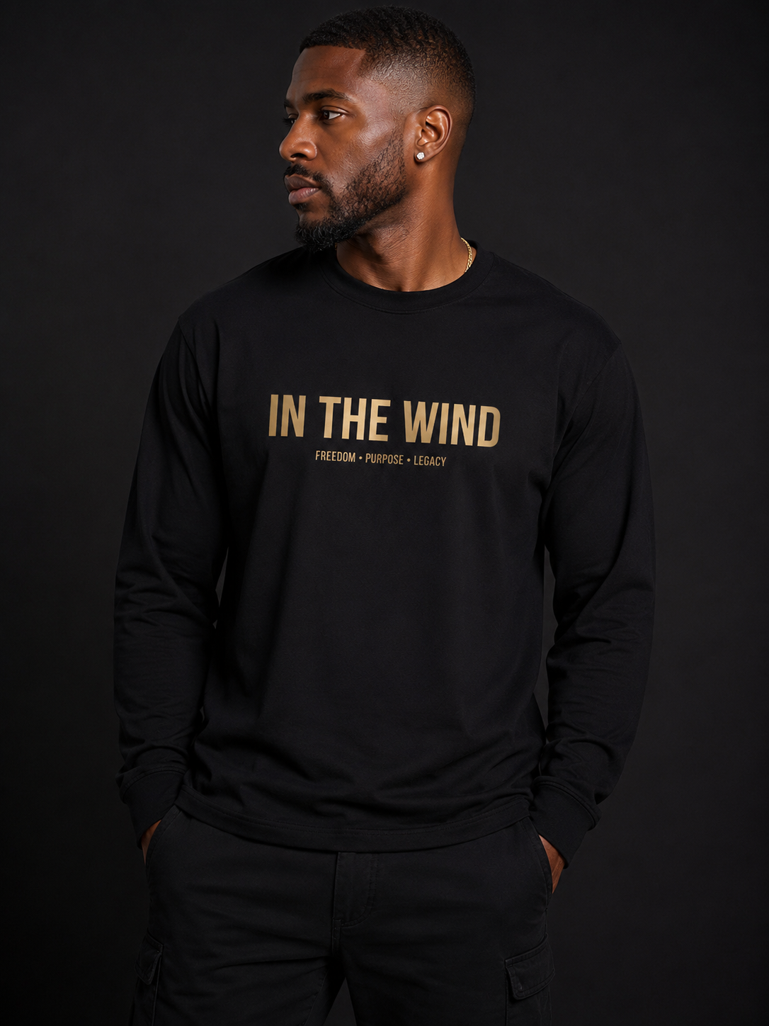 In The Wind™ Legacy Long Sleeve Tee – Black Label Edition | Freedom • Purpose • Legacy.        Size up