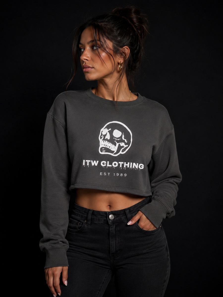 In The Wind™ Women’s Cropped Fleece Sweatshirt – Skull Logo Collection (Vintage Black)