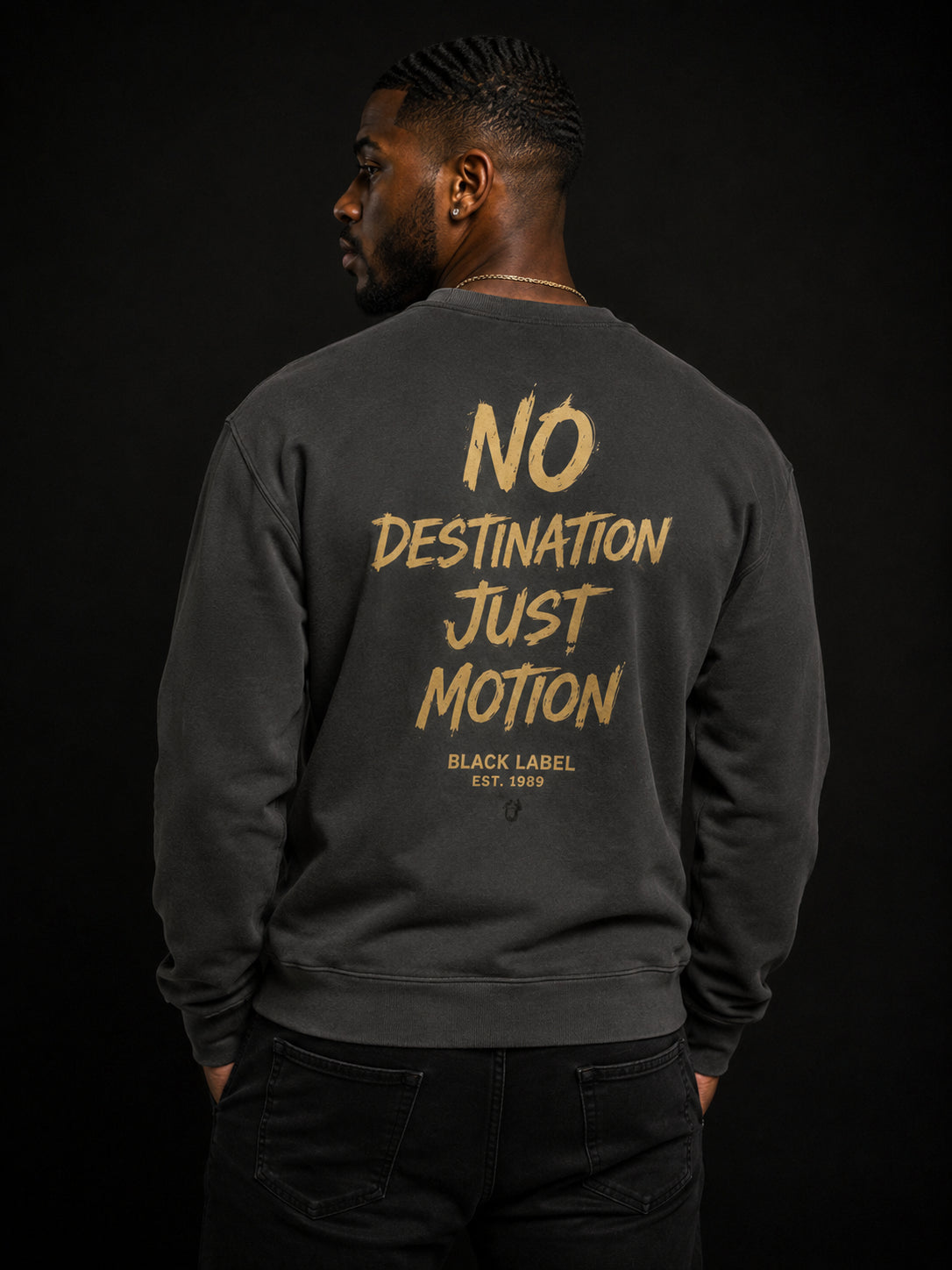 In The Wind™ Black Label Crewneck Sweatshirt – “No Destination. Just Motion.”                            Runs small order one size up