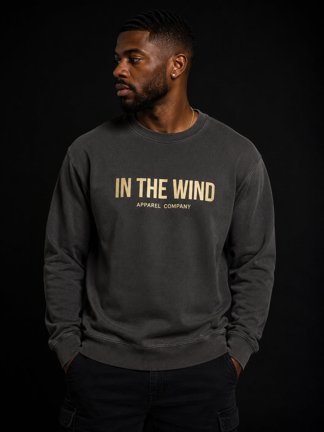 In The Wind™ Black Label Crewneck Sweatshirt – “No Destination. Just Motion.”                            Runs small order one size up